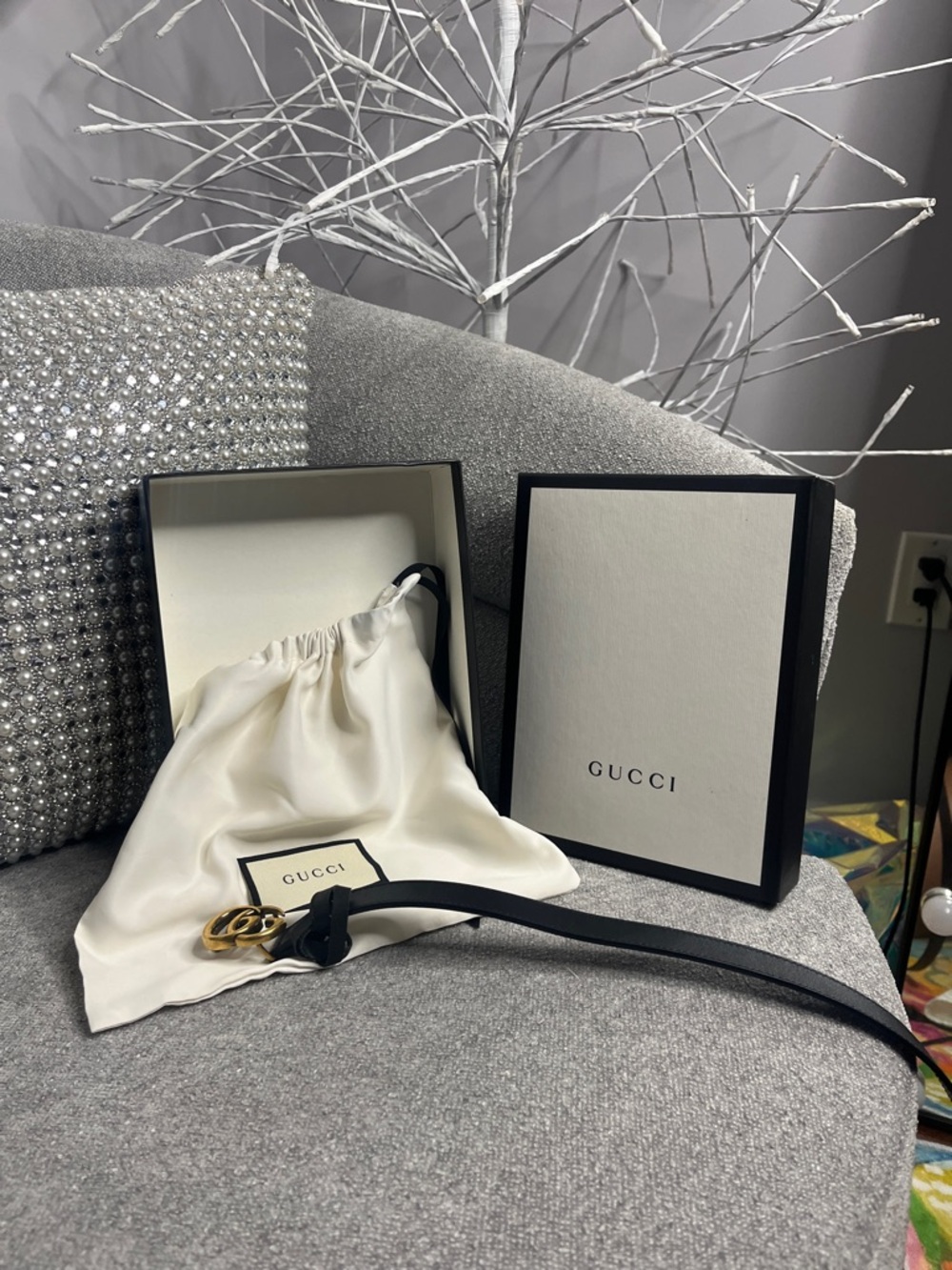 Authentic Gucci Black Leather Belt with Gold Interlocking G Buckle